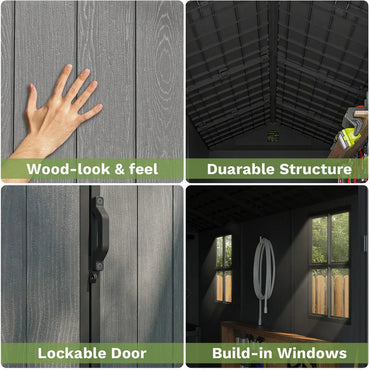 Pro Grade 8ft x 12ft Premium Plastic Double Door Garden Shed - Grey Wood Touch Texture